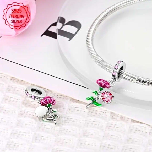 925 Sterling Silver Floral Charm Pendant with Pink and Green Accents - NWT - Picture 2 of 5